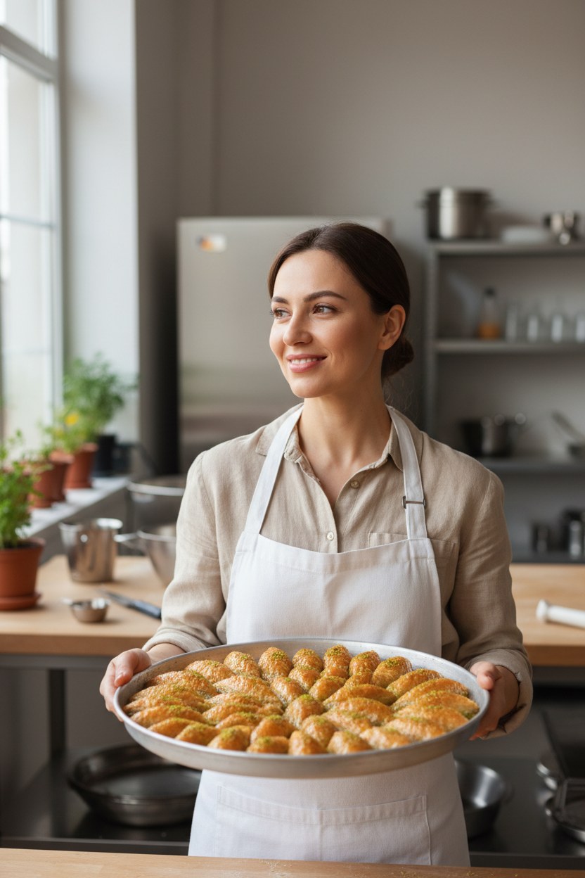 Baklava ustası Selin Yıldırım mermer tezgâhta oklavayla