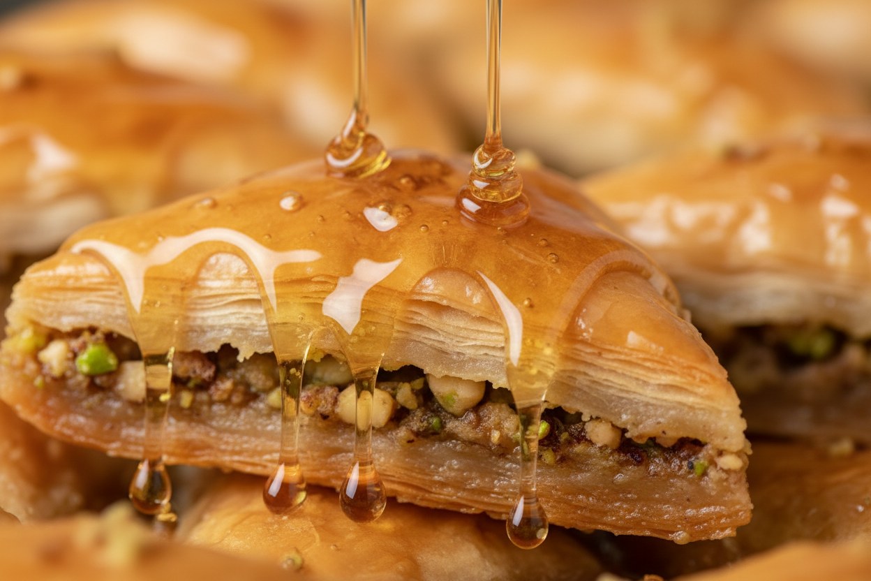 Sıcak baklava üzerine dökülen şerbet makro çekim