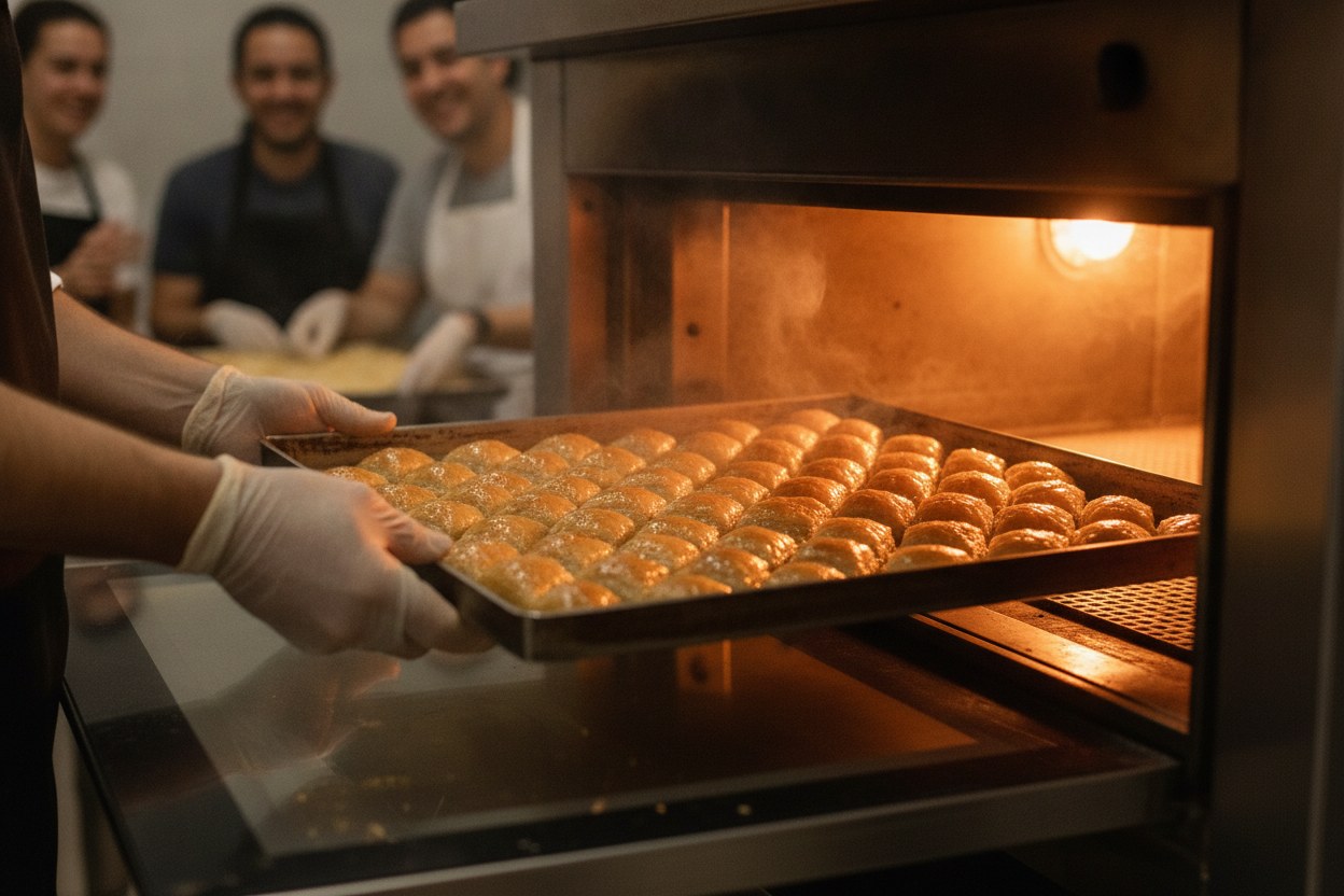 Fırından yeni çıkmış altın rengi baklava tepsisi